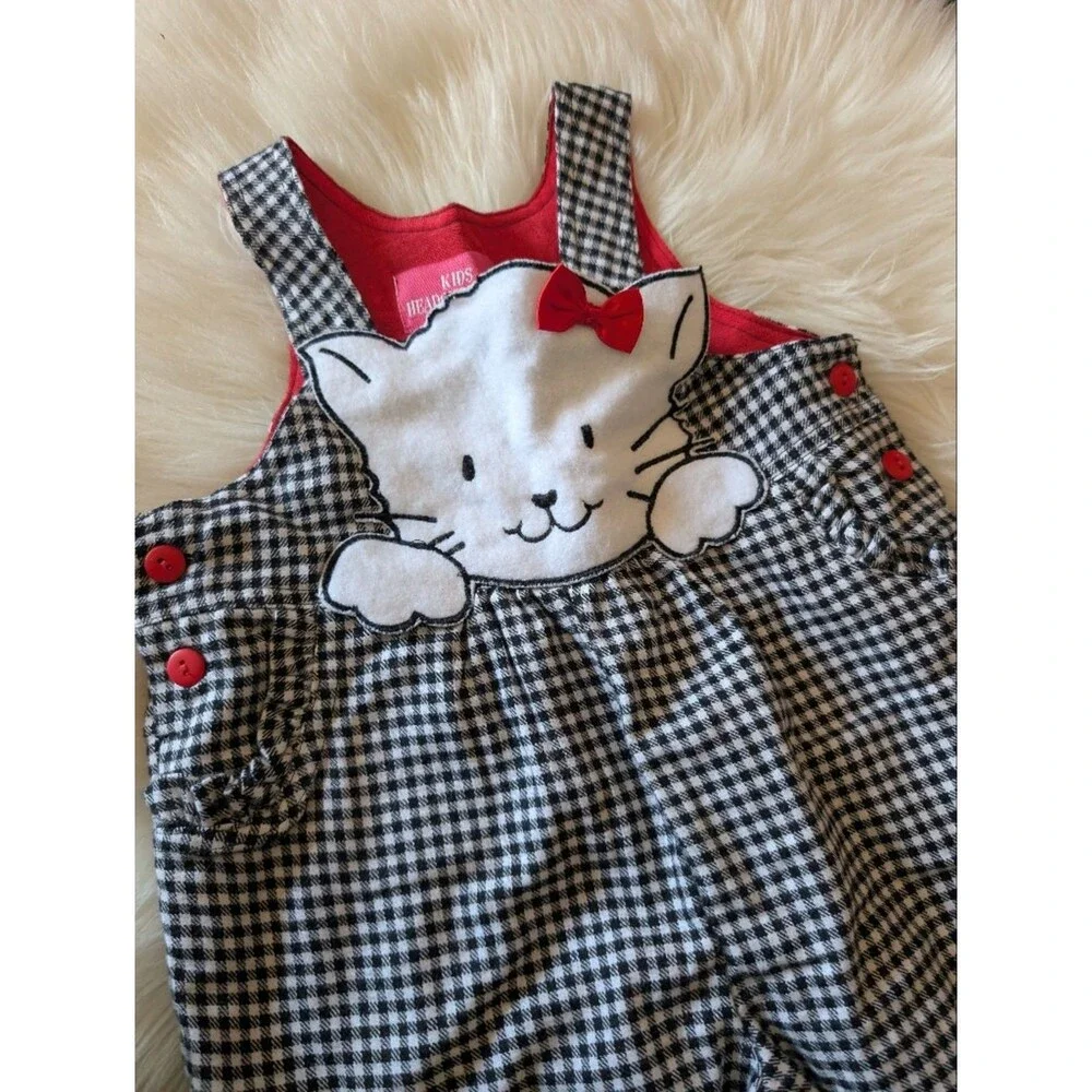 Vintage 90s 1990s Girls Jumper Overalls Cat Black White Check Plaid Ruffle 2T